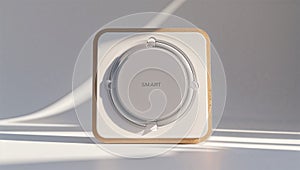 Photorealistic image of a smart airtight flavor tile with soft white backdrop