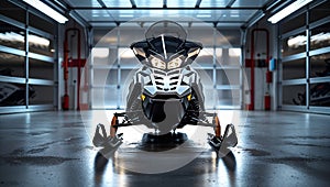 Photorealistic image of a snowmobile in a garage
