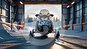 Photorealistic image of a snowmobile in a garage
