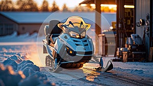 Photorealistic image of a snowmobile next to a workshop