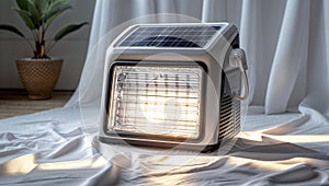 Photorealistic image of a solar fridge corner lamp in a modern studio setting