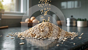 Photorealistic image of a spilled oats on countertop