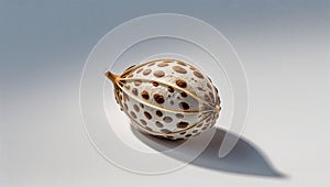 Photorealistic image of a spotted seed zoomed-in on a white background