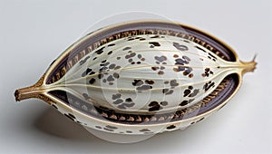 Photorealistic image of a spotted seed zoomed-in on a white background