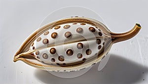 Photorealistic image of a spotted seed zoomed-in on a white background