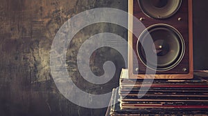 Photorealistic image of a stack of vinyl records beside old speaker