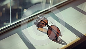 Photorealistic image of a sunglasses next to a store window