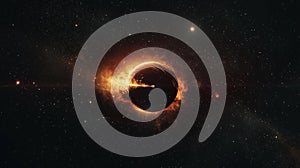 Photorealistic image of a supermassive black hole with an accretion disc glowing brightly in deep space