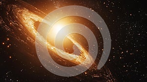 Photorealistic image of a supermassive black hole with an accretion disc glowing brightly in deep space