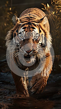 Photorealistic image of a tiger with bared fangs