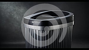 Photorealistic image of a touchless automatic trash bin with odor filter in a studio setting