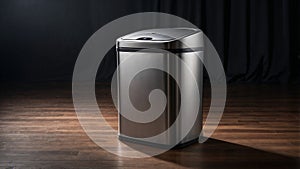 Photorealistic image of a touchless automatic trash bin with odor filter in a studio setting