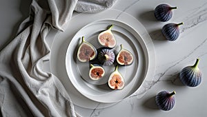Photorealistic image of a white plate with figs