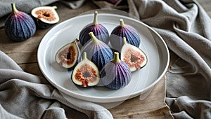 Photorealistic image of a white plate with figs