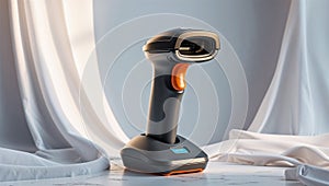 Photorealistic image of a wireless barcode label printer on a white background