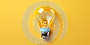 Photorealistic image of a yellow incandescent light bulb on a yellow background.