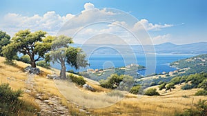 Photorealistic Landscape: Tree On Hill In Antique Greek Island
