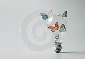 Photorealistic light bulb with colorful butterflies inside light bulb and flying and landing on the light bulb. Ai generated