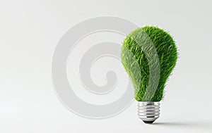 Photorealistic light bulb covered in grass standing vertically on a table. Ai generated