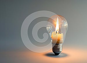 A photorealistic light bulb with a lit candle inside, vertically standing on a table. Ai generated
