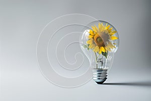 Photorealistic light bulb with sunflower inside standing vertically on a table. Ai generated