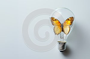 Photorealistic light bulb with yellow butterfly inside light bulb . Light bulb standing vertically on a table. Ai generated