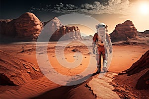 Photorealistic lonely astronaut is walking on Mars