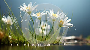 Photorealistic Macro Of Floating White Flowers In A Lake