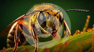 Photorealistic Macro Image Of Bee On A Blade Of Grass