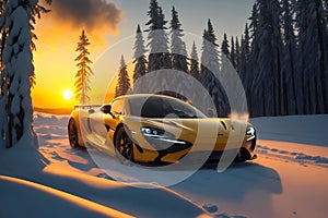 A photorealistic McLaren 720S emerging from a snowy forest with a fiery sunset generative by Ai