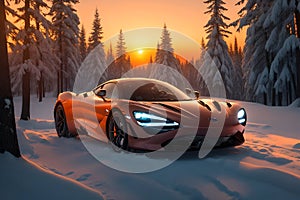 A photorealistic McLaren 720S emerging from a snowy forest with a fiery sunset generative by Ai