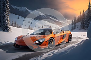 A photorealistic McLaren 720S emerging from a snowy forest with a fiery sunset generative by Ai