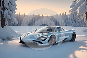A photorealistic McLaren 720S glistening in the winter\'s embrace with snowflakes generative by Ai