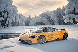 A photorealistic McLaren 720S glistening in the winter\'s embrace with snowflakes generative by Ai