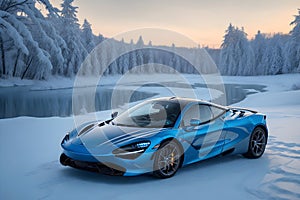 A photorealistic McLaren 720S glistening in the winter\'s embrace with snowflakes generative by Ai