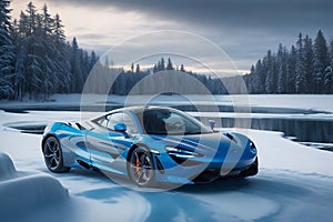 A photorealistic McLaren 720S glistening in the winter\'s embrace with snowflakes generative by Ai