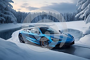 A photorealistic McLaren 720S glistening in the winter\'s embrace with snowflakes generative by Ai