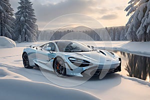 A photorealistic McLaren 720S glistening in the winter\'s embrace with snowflakes generative by Ai