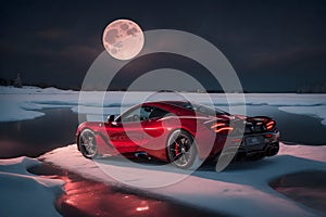 A photorealistic McLaren 720S parked under a moonlit winter sky starry frozen lake generative by Ai