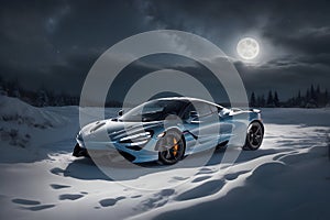 A photorealistic McLaren 720S parked under a moonlit winter sky starry frozen lake generative by Ai