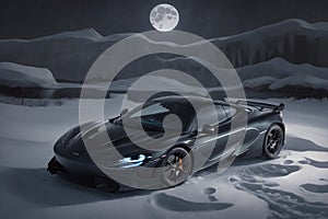 A photorealistic McLaren 720S parked under a moonlit winter sky starry frozen lake generative by Ai