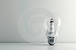 Photorealistic model of a lighthouse on a rock inside an electric lamp standing vertically on a table. Generated Image