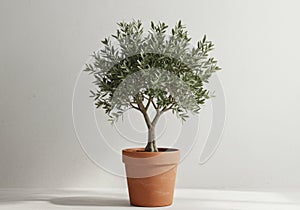 Photorealistic olive tree in terracotta pot with rustic Mediterranean style on white background