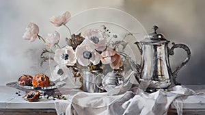 Photorealistic Painting Of Silver Teapots And Flowers