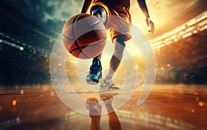 Photorealistic person dribbling basketball ball, backlight. Low angle shot, reflection, rainy weather. AI Generative