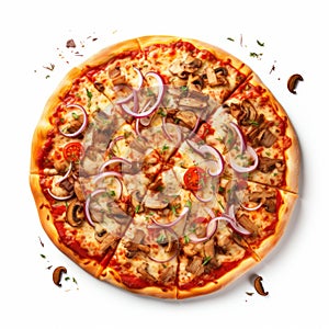 Photorealistic Pizza With Mushrooms And Onions On White Background photo