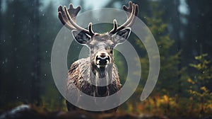 Photorealistic Portrait Of A Deer In The Rain Forest