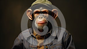 Photorealistic Portrait Of An Old Chimpanzee Dressed As A Man