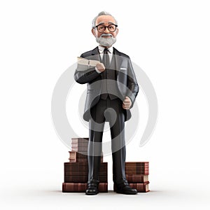 Photorealistic Portrait Of An Old Man In A Suit Standing On Stacks Of Books