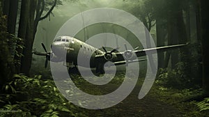 Photorealistic Post-war Airplane In Dark Forest - Uhd Image